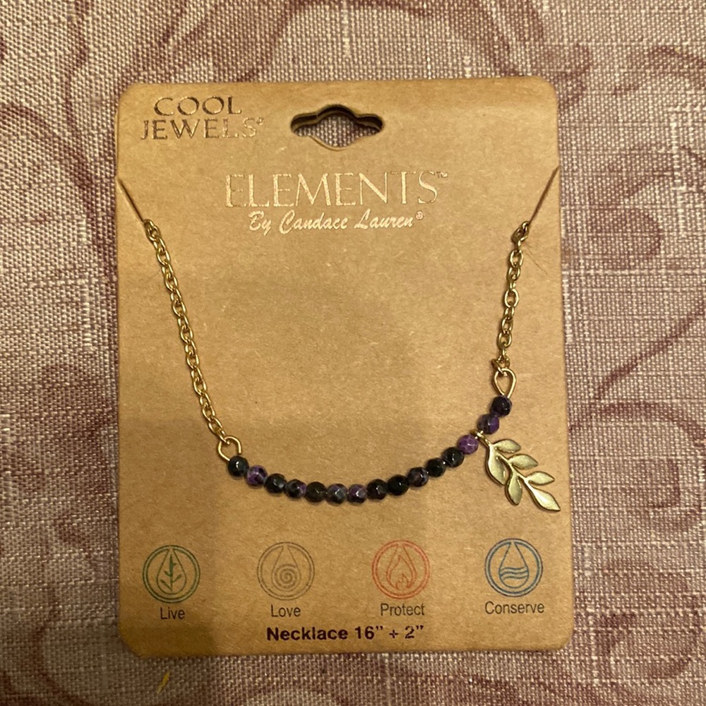 NEW 16” adjustable to 18” Necklace - gold tone and blue beads and leaf charm.